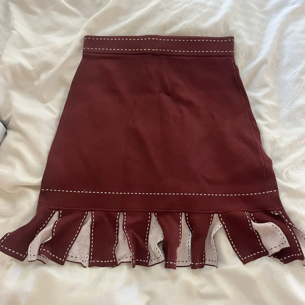 STAUD burgundy maroon fringe pencil mini knit skirt high waisted **RARE** small - Picture 3 of 8
